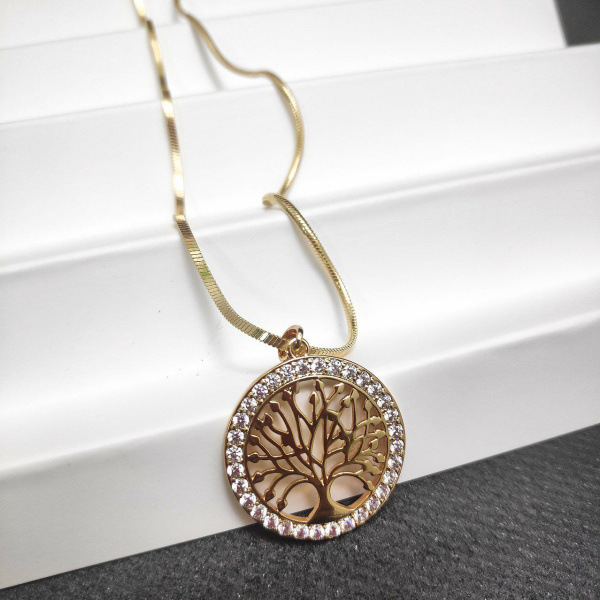 Подвеска "Дерево жизни" / Кулон 2,5 см. на цепочке Snake "Сингапур" под золото / Украшение женское на шею в обрамлении камней